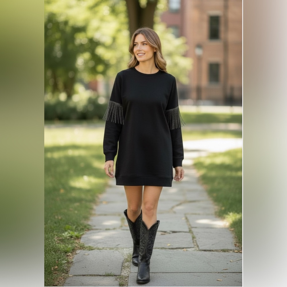 Elegant Black Fringe Sleeve Dress